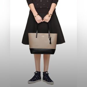 Kate Spade Sawyer Street Leather Tote Shoulder Bag Colorblock Black Tan